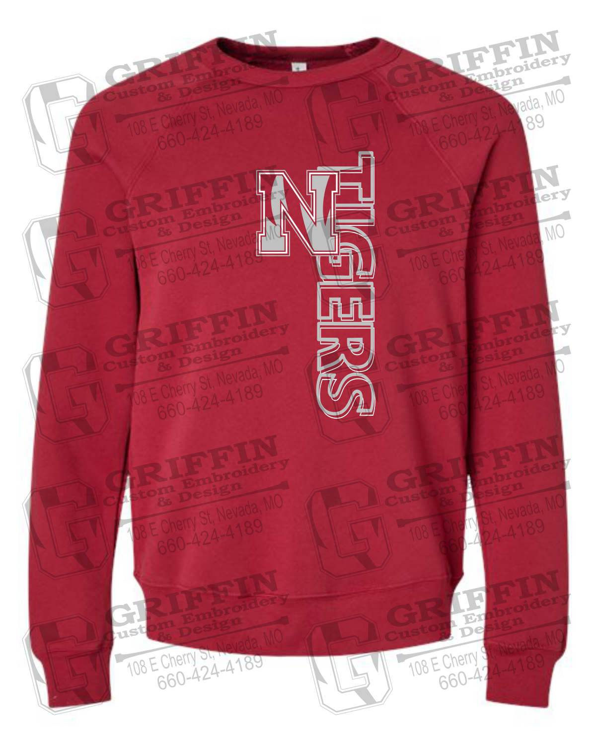 Red sweatshirt with 'TIGERS' text on a cardinal background with 'Griffin Custom Embroidery' branding.