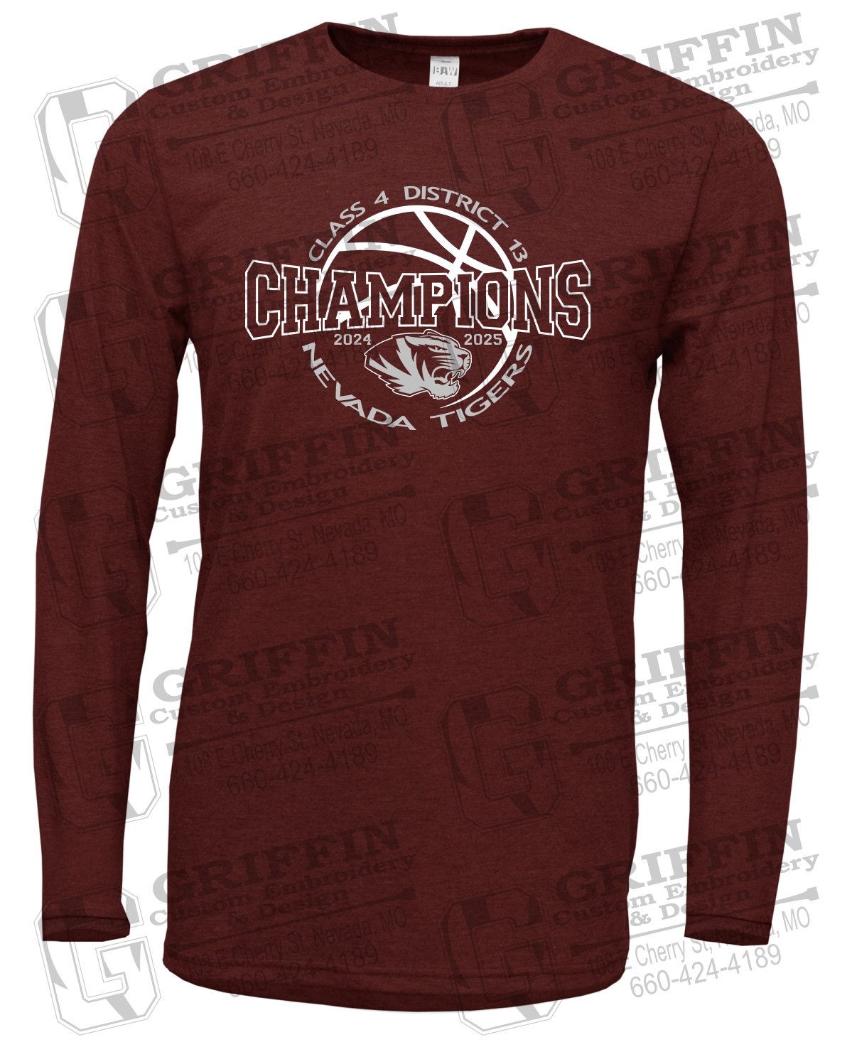 Soft-Tek Long Sleeve T-Shirt - 2025 District Champs Boys Basketball - Nevada Tigers 24-V