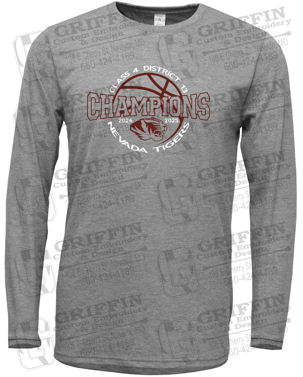Soft-Tek Long Sleeve T-Shirt - 2025 District Champs Boys Basketball - Nevada Tigers 24-V