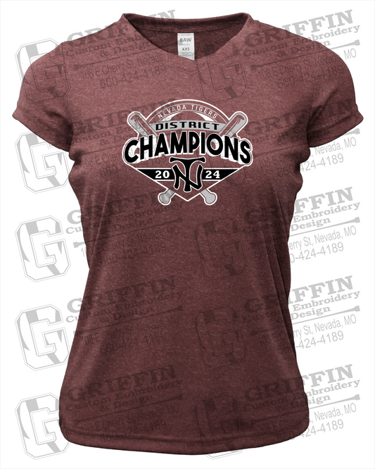 Womens Dry-Fit V-Neck Short Sleeve T-Shirt - Baseball District Champs 2024 - Nevada Tigers 25-C