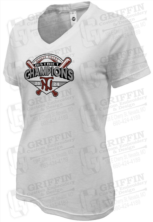 Womens Soft-Tek V-Neck T-Shirt - Baseball District Champs 2024 - Nevada Tigers 25-C