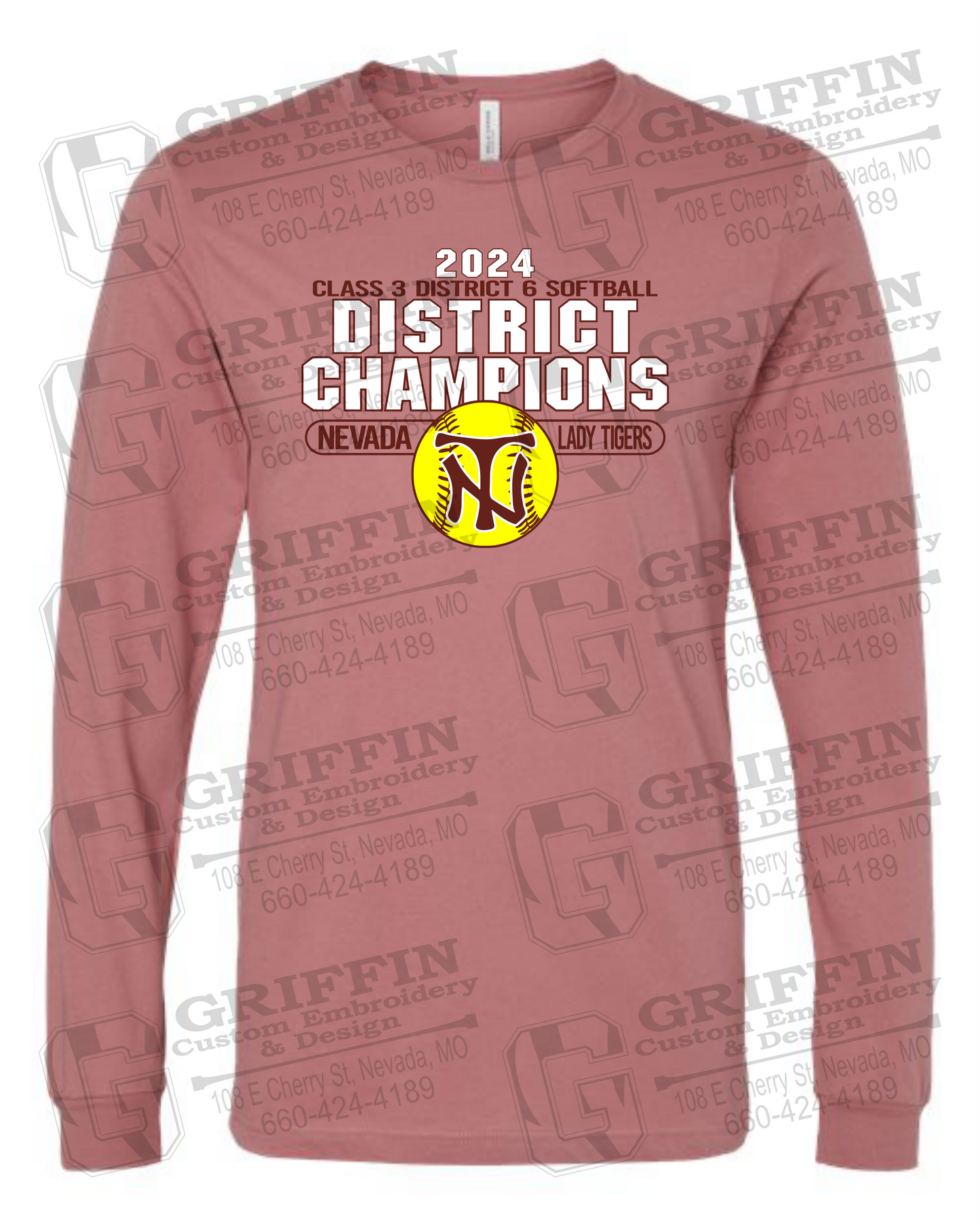 Cotton Long Sleeve T-Shirt - Softball 2024 District Champions - Nevada Tigers 25-P