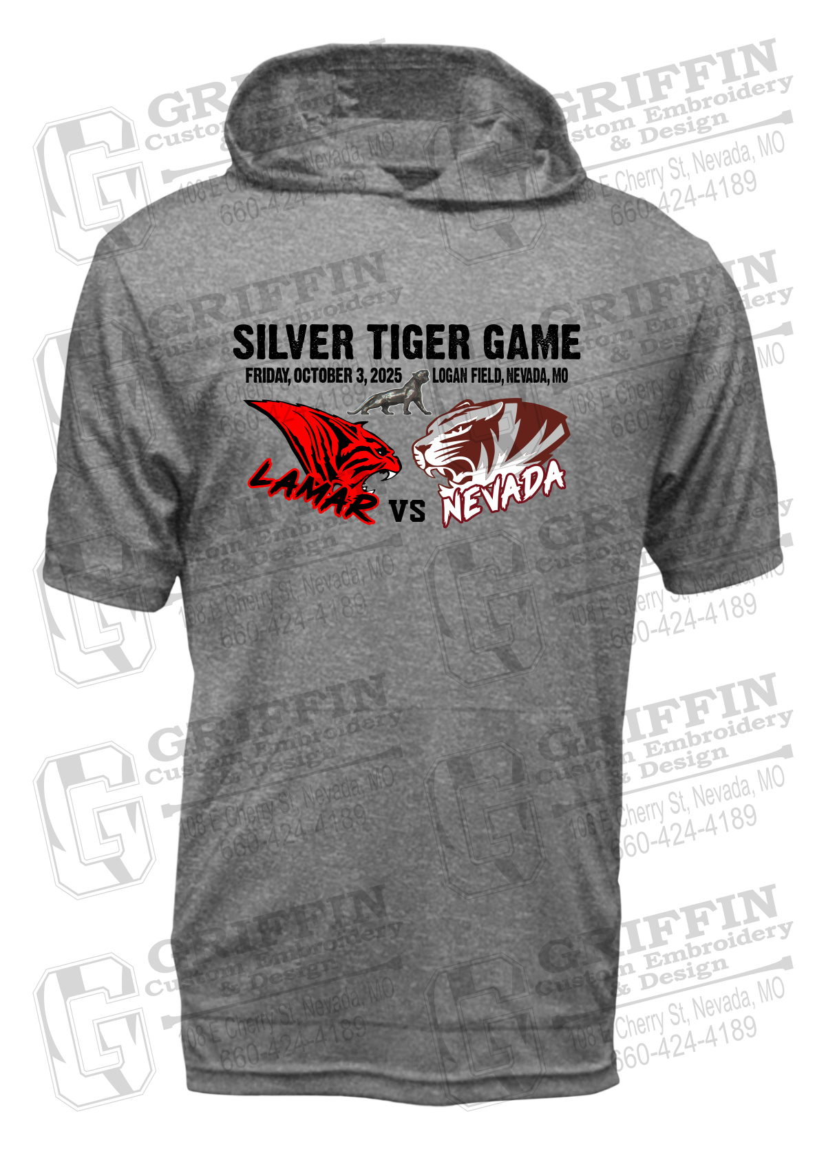 Dry-Fit Short Sleeve T-Shirt Hoodie - Silver Tiger 2025 Football - Nevada Tigers 26-G