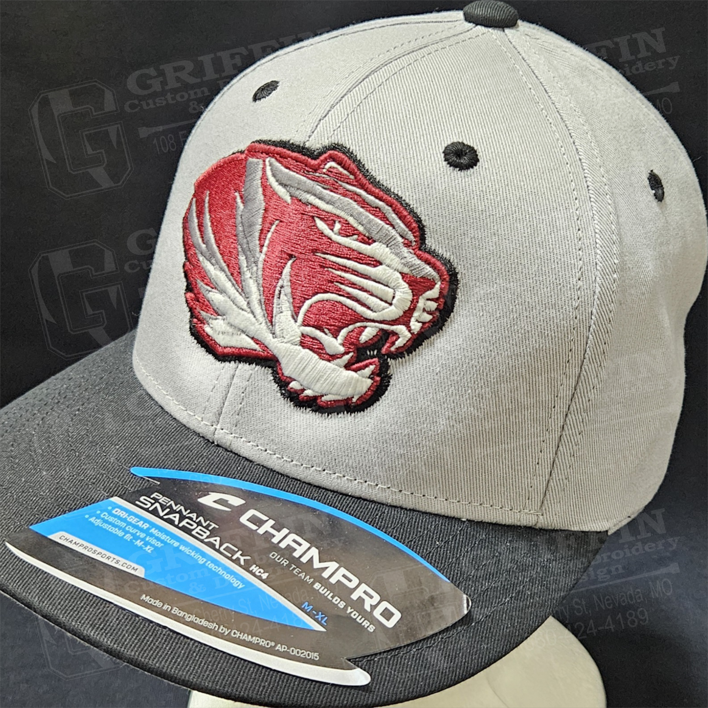 3D Embroidered Pennant Snapback Cap - Gray/Black w/ Tiger Head Logo
