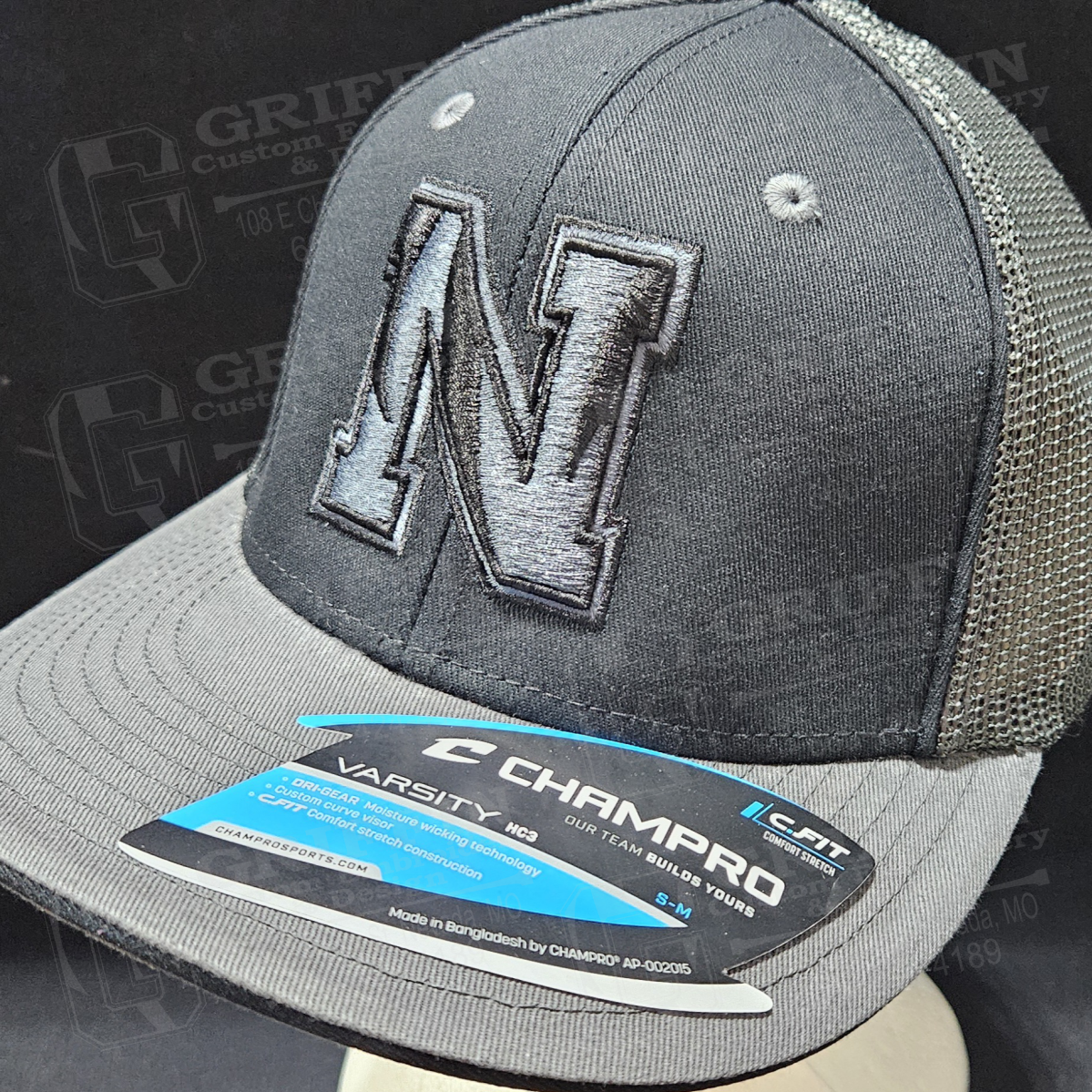 3D Embroidered Varsity Fitted Cap - Black/Graphite/Graphite w/ Blackout Nevada N Logo