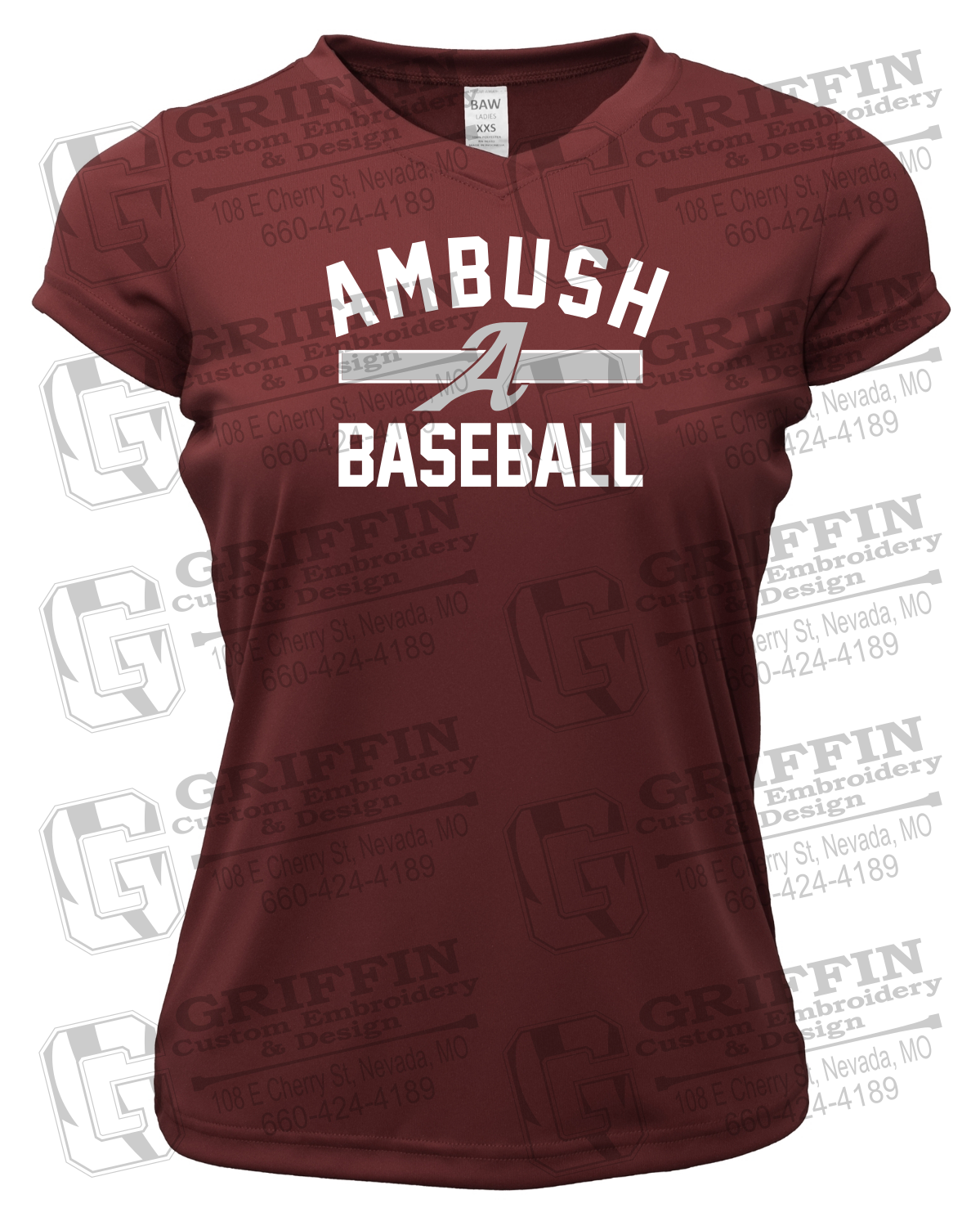 Womens Short Sleeve V-Neck Dry-Fit T-Shirt - Ambush Baseball 25-A