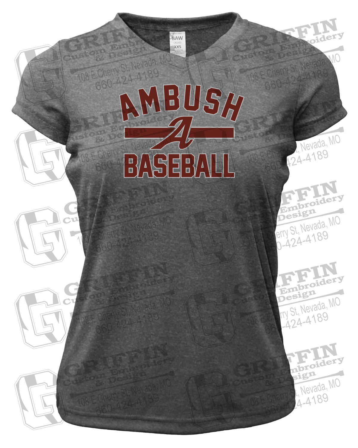Womens Short Sleeve V-Neck Dry-Fit T-Shirt - Ambush Baseball 25-A