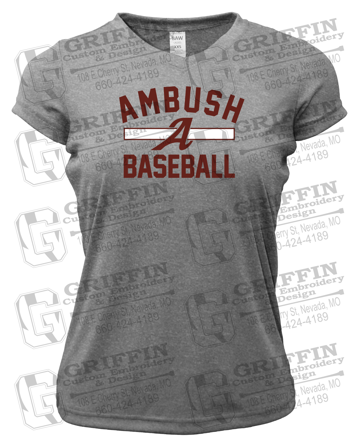 Womens Short Sleeve V-Neck Dry-Fit T-Shirt - Ambush Baseball 25-A