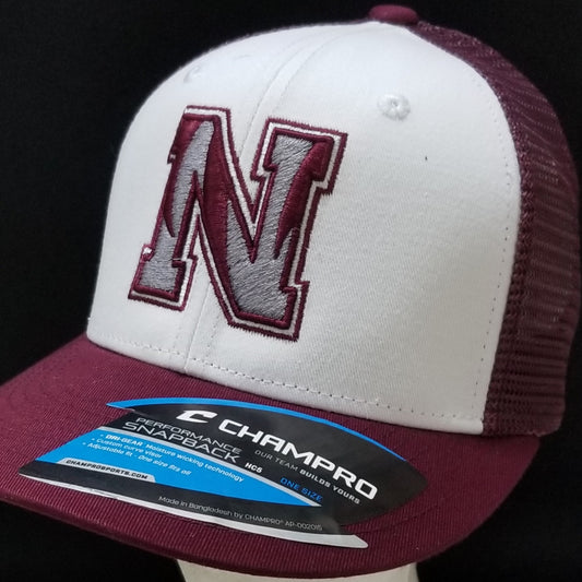 3D Embroidered Trucker Snapback Cap - White/Maroon w/ Nevada N Logo