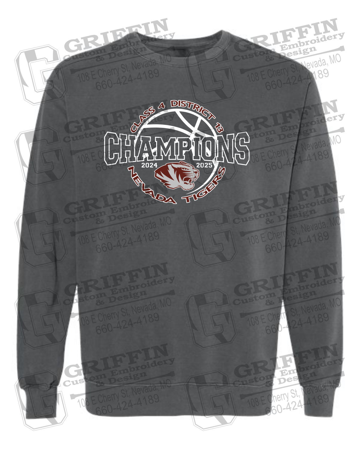 Comfort Colors Crewneck Sweatshirt - 2025 District Champs Boys Basketball - Nevada Tigers 24-V