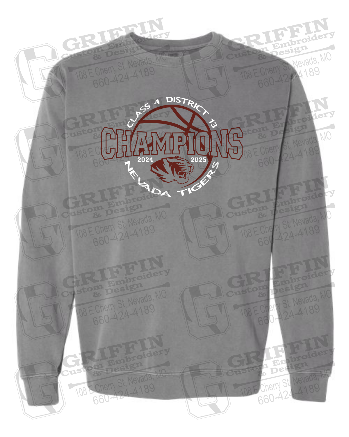 Comfort Colors Crewneck Sweatshirt - 2025 District Champs Boys Basketball - Nevada Tigers 24-V