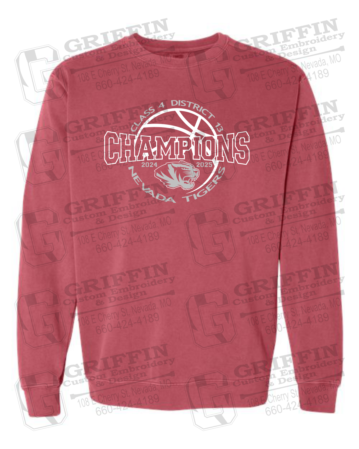 Comfort Colors Crewneck Sweatshirt - 2025 District Champs Boys Basketball - Nevada Tigers 24-V