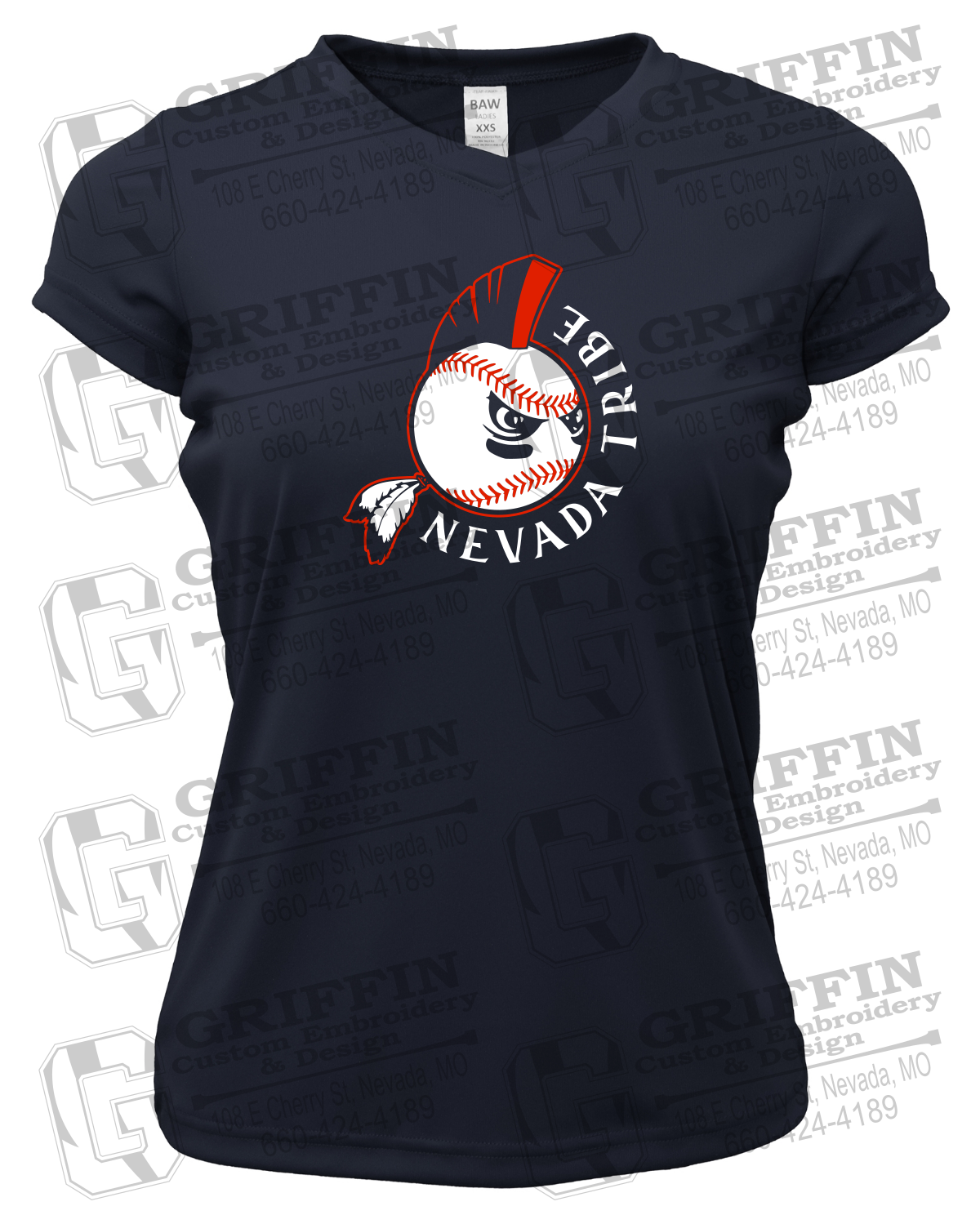 Womens Short Sleeve V-Neck Dry-Fit T-Shirt - Tribe Baseball 25-A