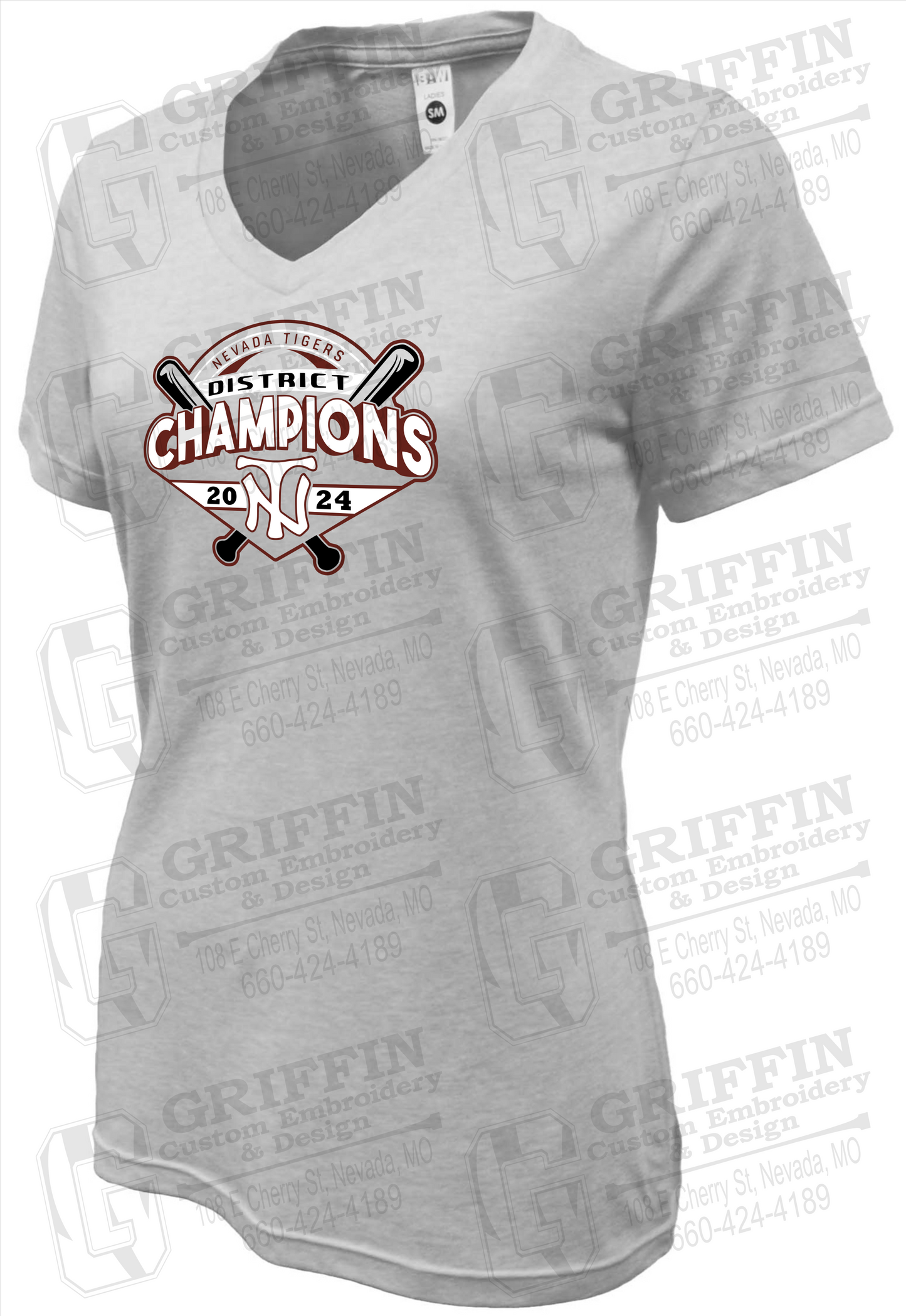 Womens Soft-Tek V-Neck T-Shirt - Baseball District Champs 2024 - Nevada Tigers 25-C