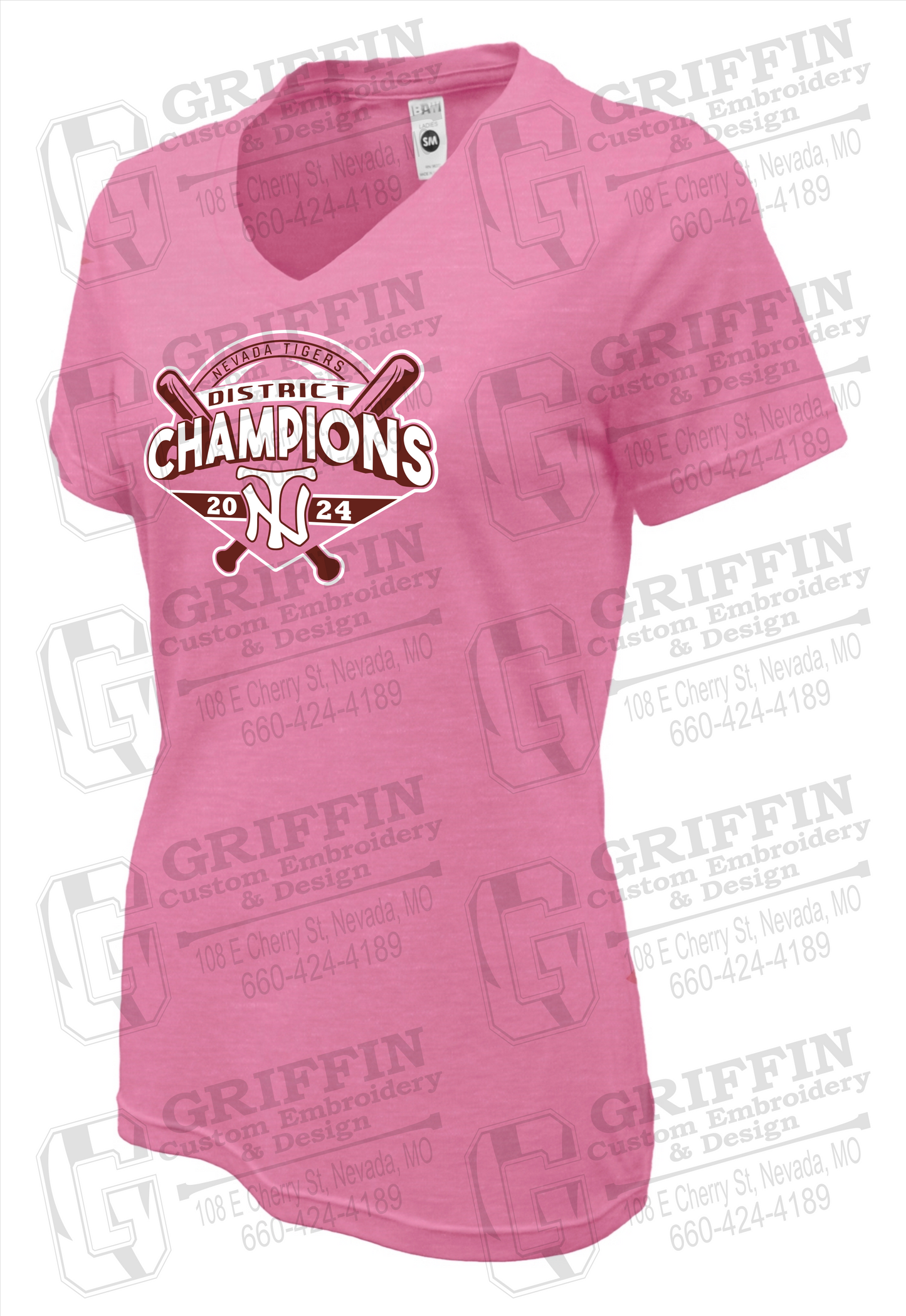 Womens Soft-Tek V-Neck T-Shirt - Baseball District Champs 2024 - Nevada Tigers 25-C