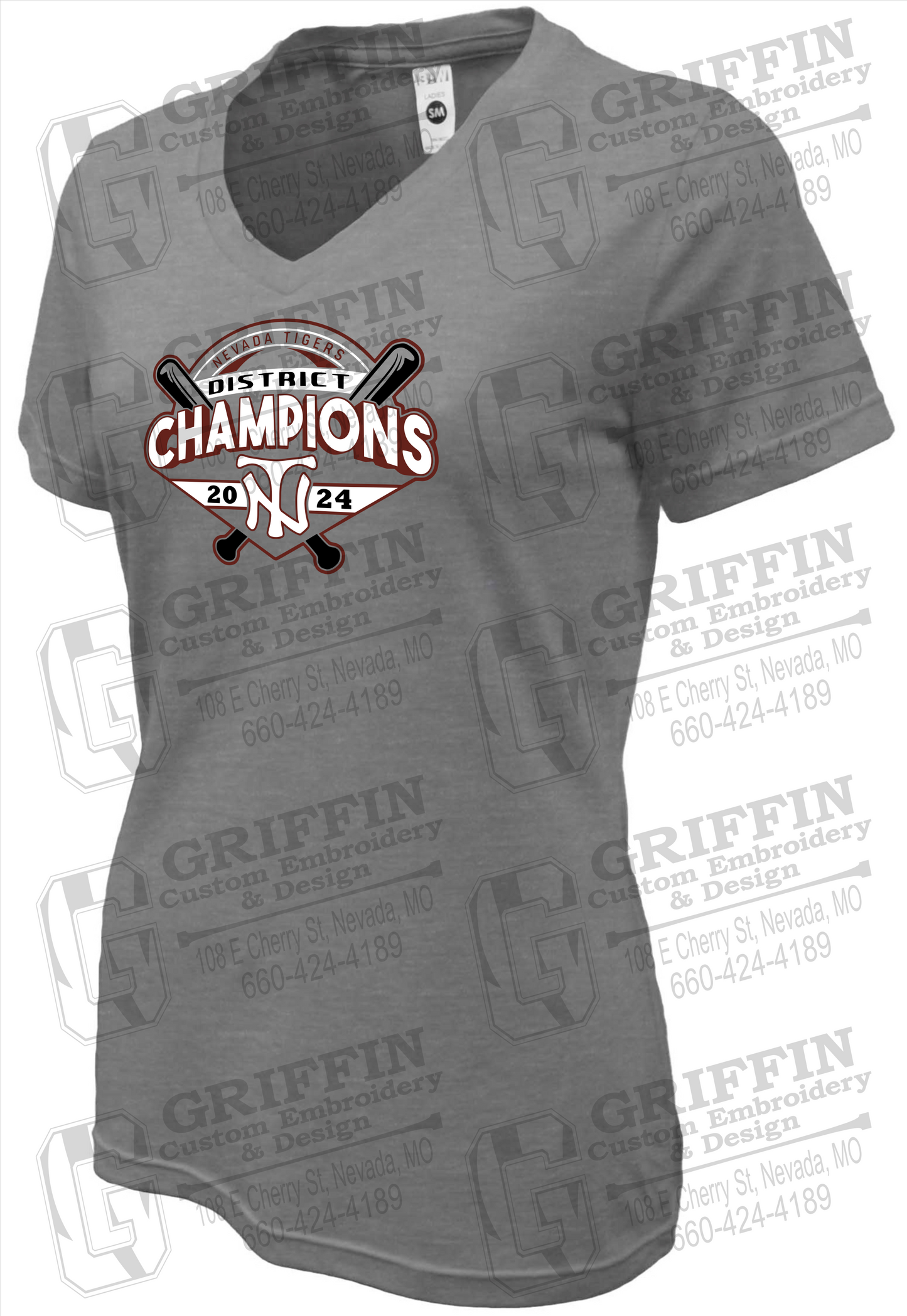 Womens Soft-Tek V-Neck T-Shirt - Baseball District Champs 2024 - Nevada Tigers 25-C