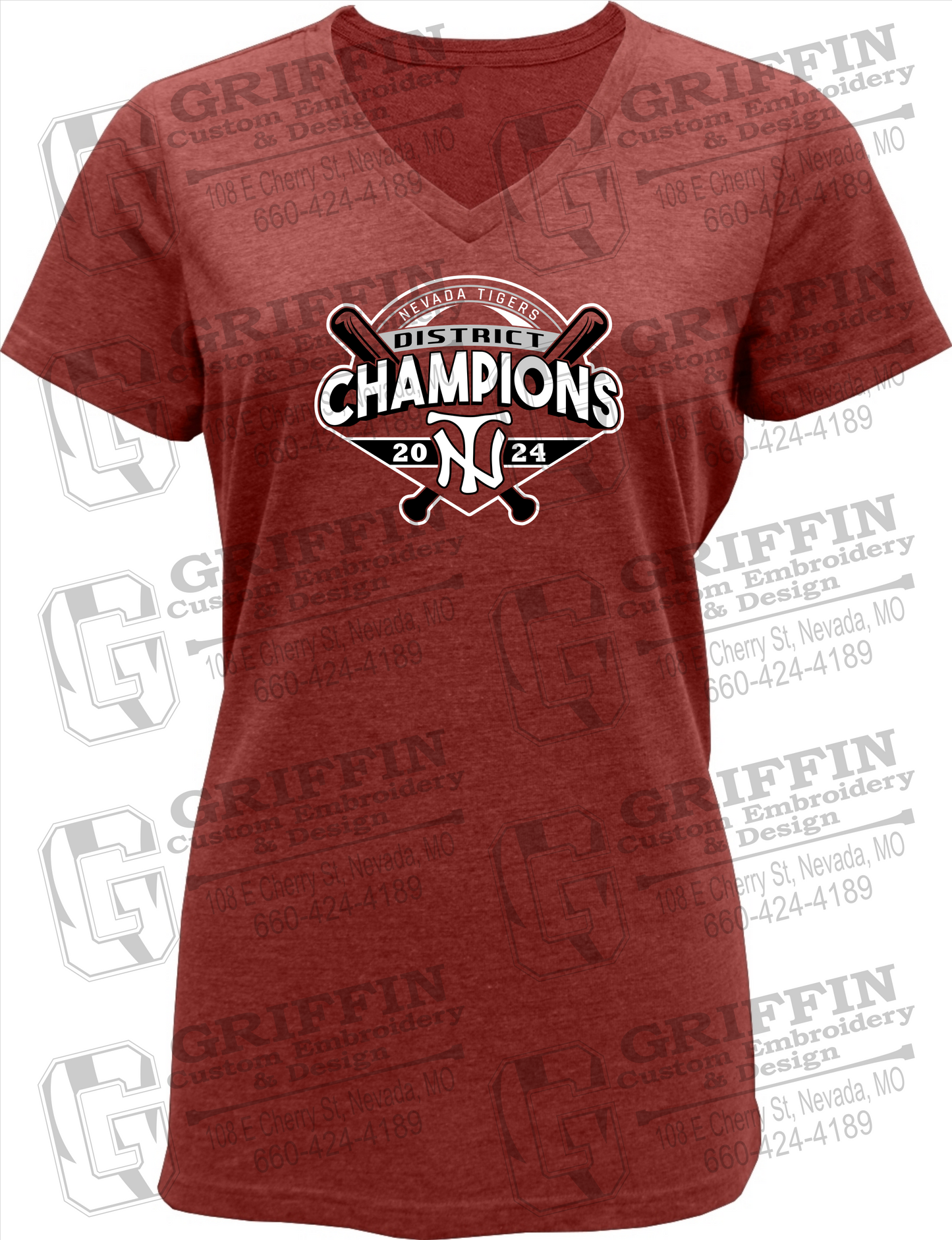 Womens Soft-Tek V-Neck T-Shirt - Baseball District Champs 2024 - Nevada Tigers 25-C