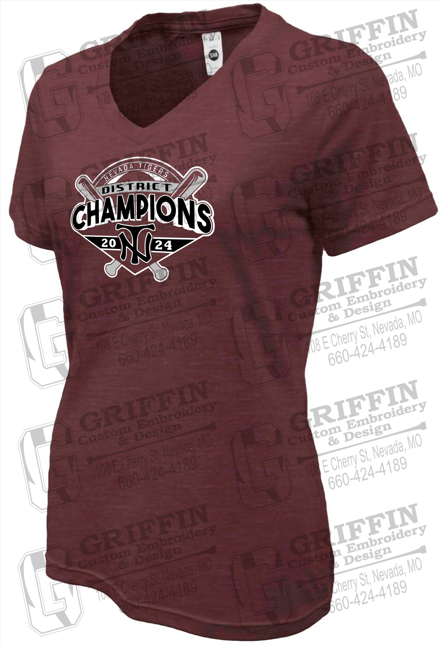 Womens Soft-Tek V-Neck T-Shirt - Baseball District Champs 2024 - Nevada Tigers 25-C