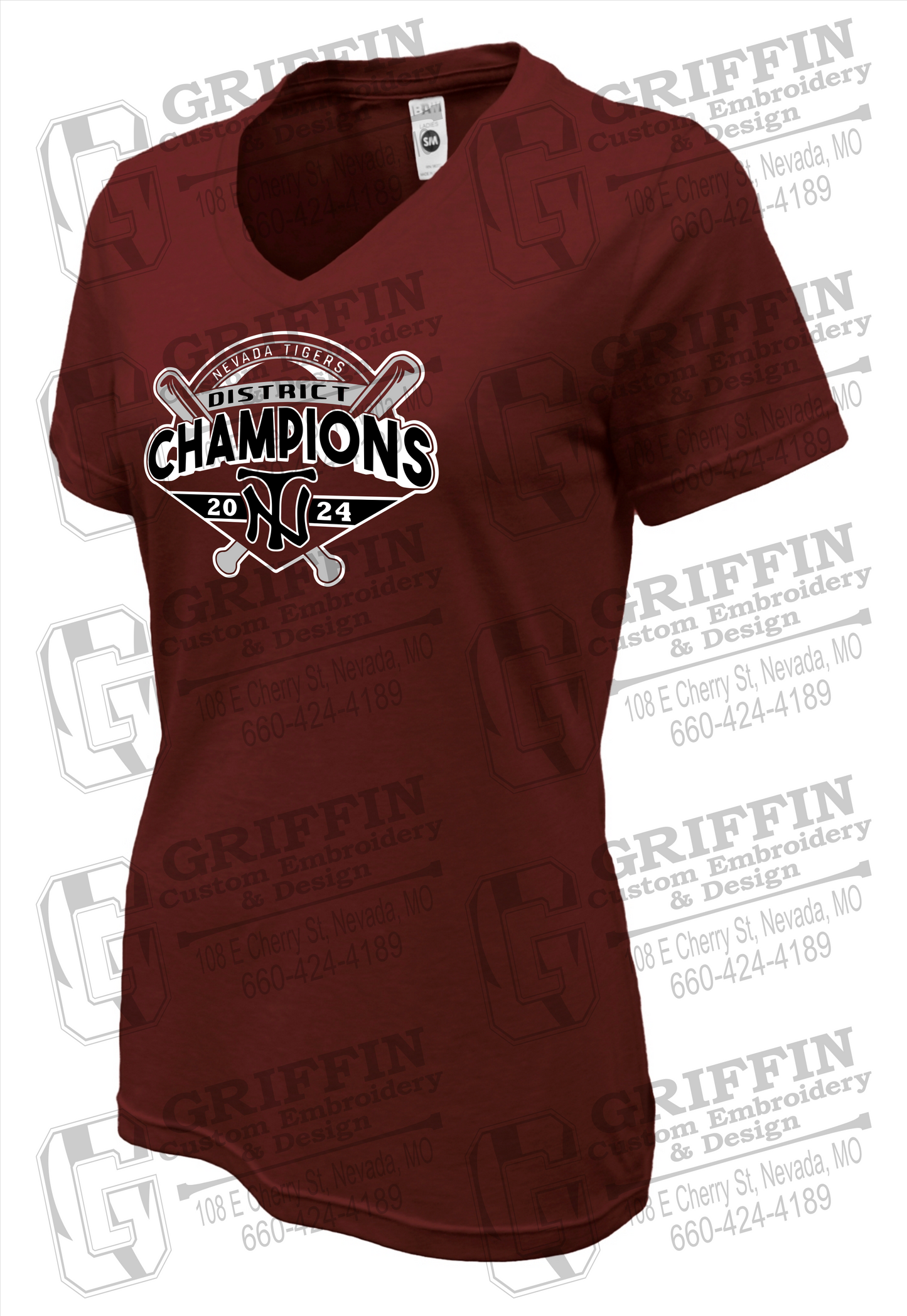 Womens Soft-Tek V-Neck T-Shirt - Baseball District Champs 2024 - Nevada Tigers 25-C