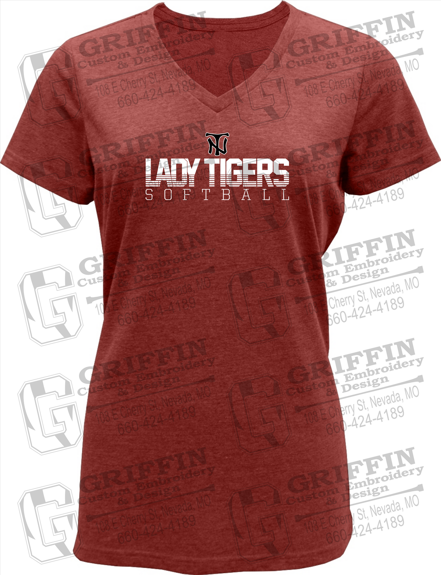 Womens Soft-Tek V-Neck T-Shirt - Softball - Nevada Tigers 25-L