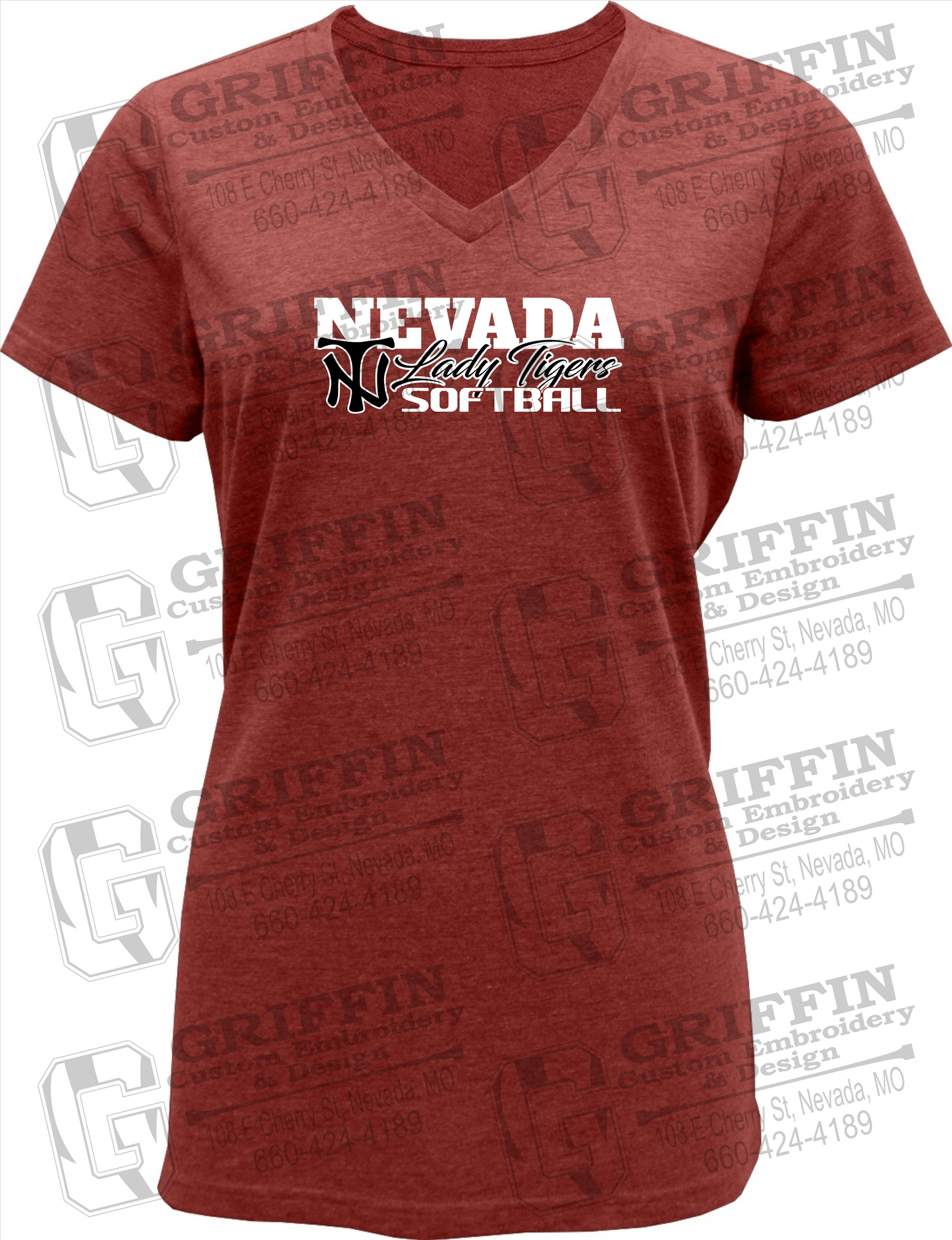 Womens Soft-Tek V-Neck T-Shirt - Softball - Nevada Tigers 25-M