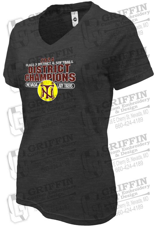 Womens Soft-Tek V-Neck T-Shirt - Softball 2024 District Champions - Nevada Tigers 25-P