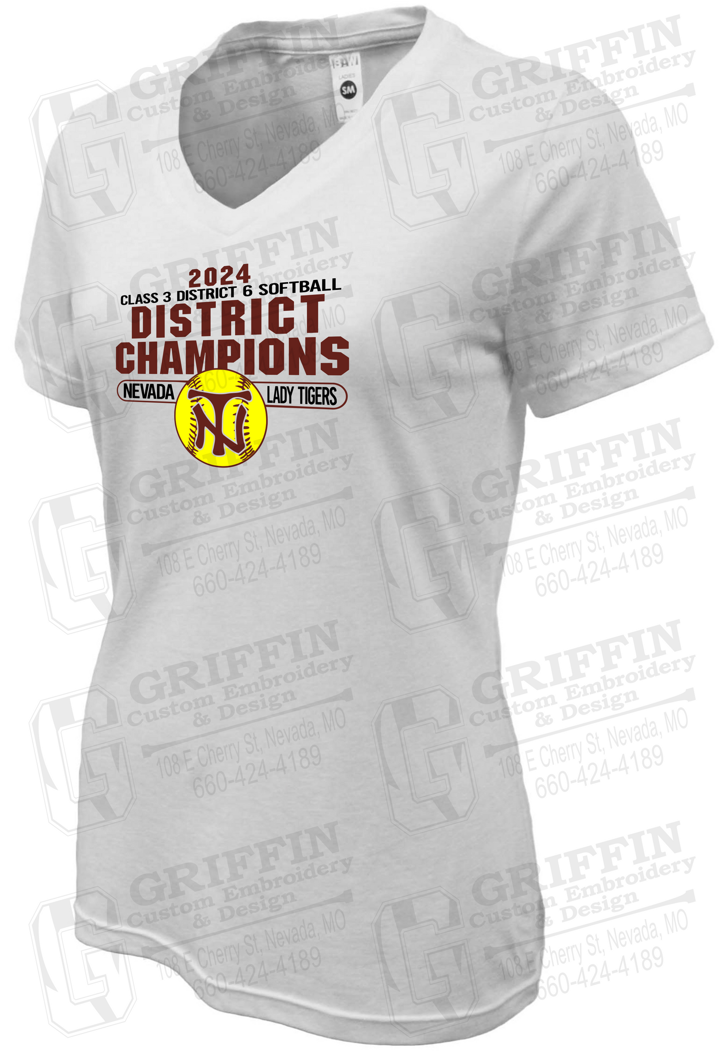 Womens Soft-Tek V-Neck T-Shirt - Softball 2024 District Champions - Nevada Tigers 25-P