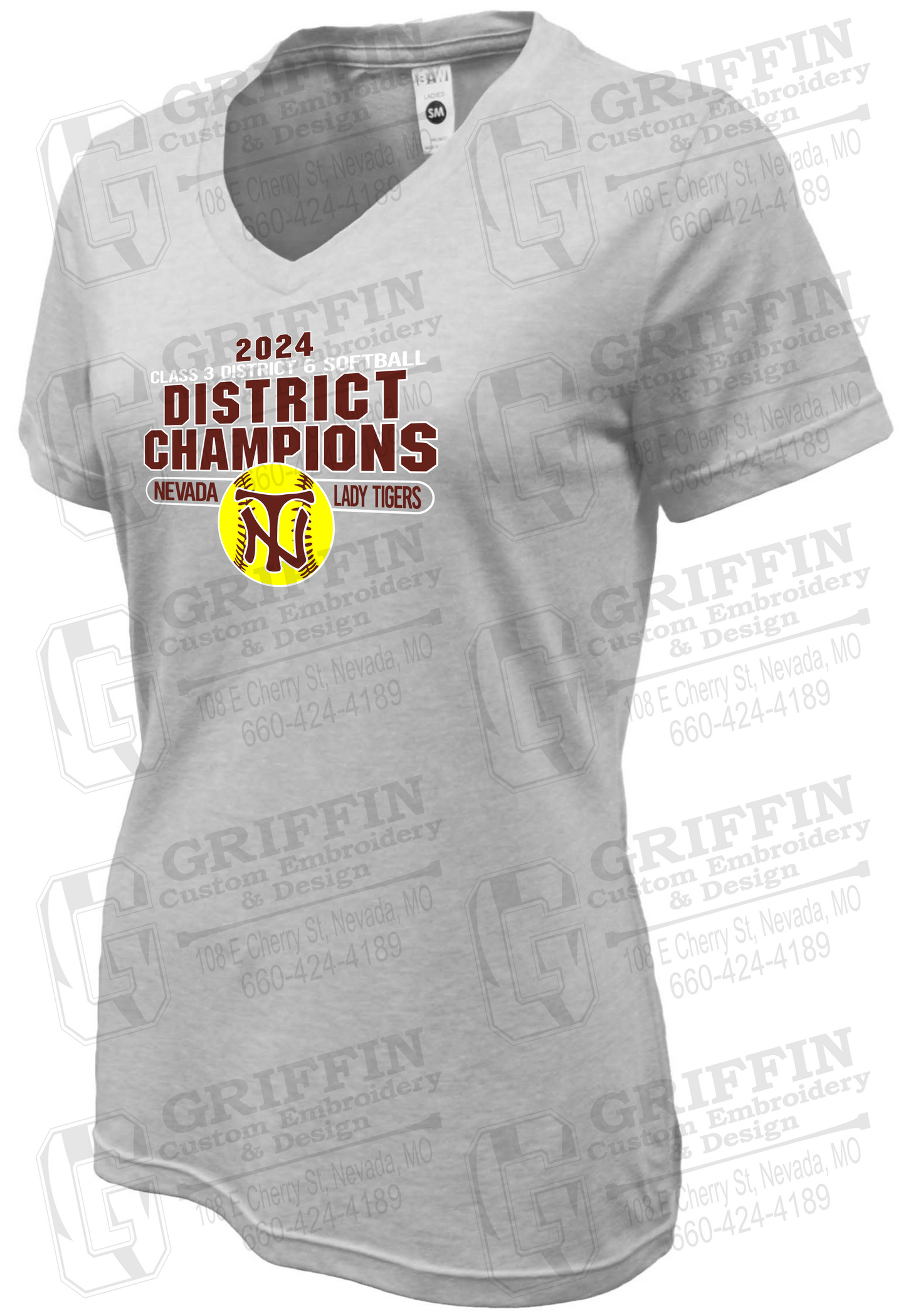 Womens Soft-Tek V-Neck T-Shirt - Softball 2024 District Champions - Nevada Tigers 25-P