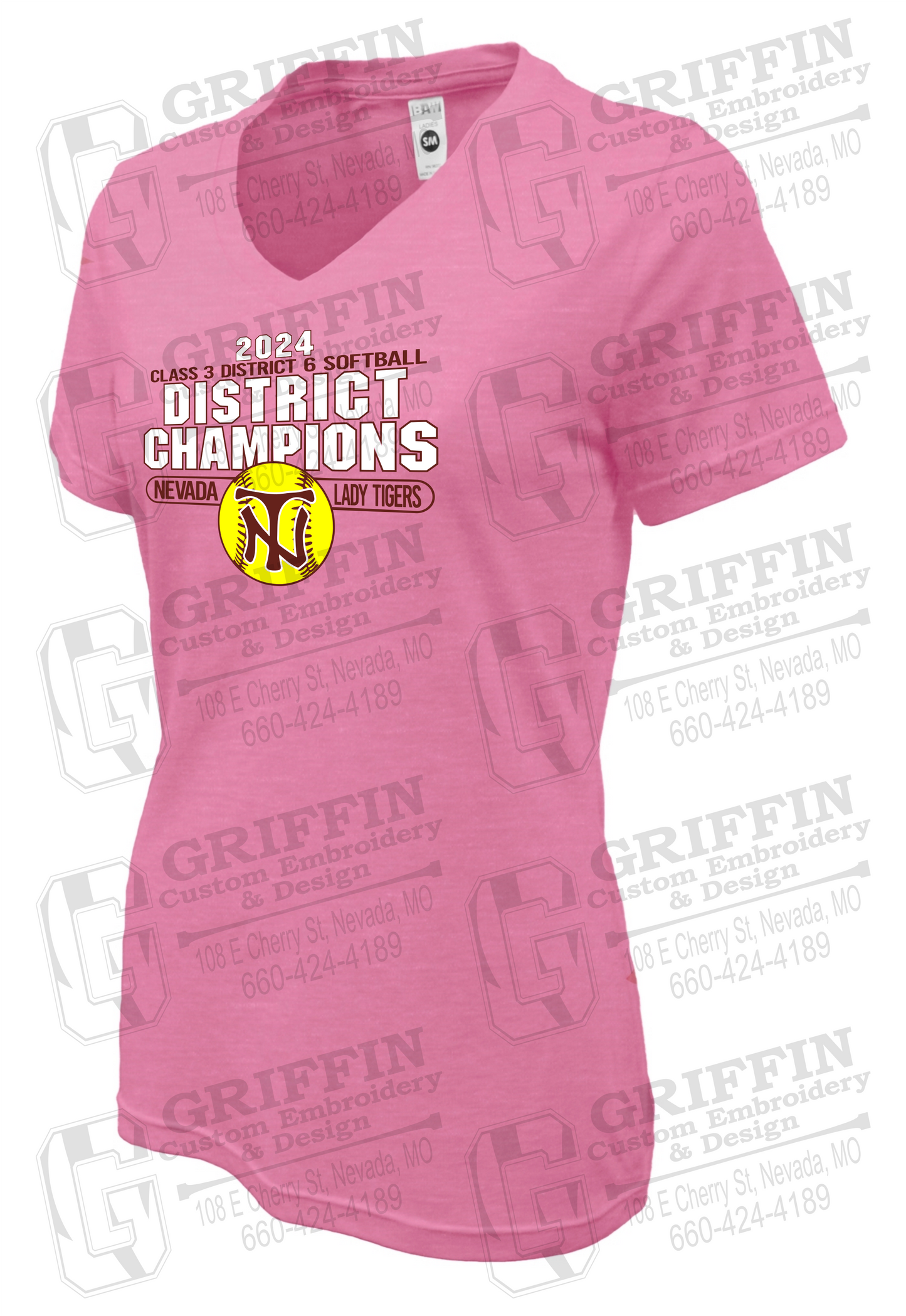 Womens Soft-Tek V-Neck T-Shirt - Softball 2024 District Champions - Nevada Tigers 25-P