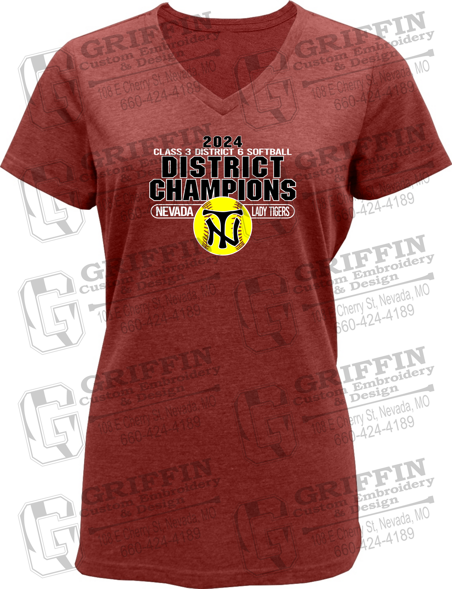 Womens Soft-Tek V-Neck T-Shirt - Softball 2024 District Champions - Nevada Tigers 25-P