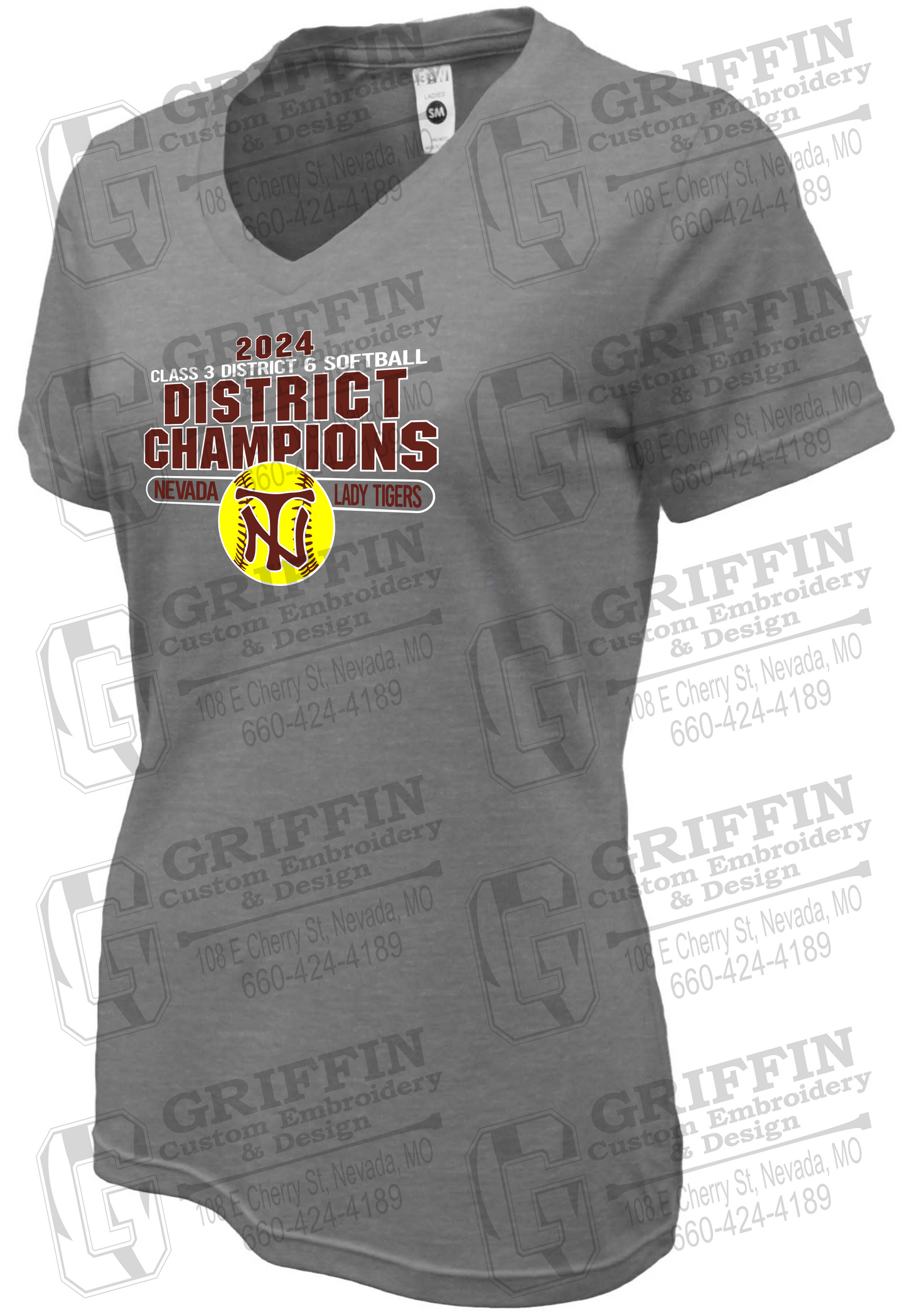 Womens Soft-Tek V-Neck T-Shirt - Softball 2024 District Champions - Nevada Tigers 25-P