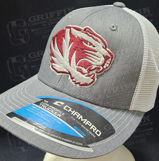 3D Embroidered Low Profile Trucker Snapback Cap - Heather Gray/White w/ Tiger Head Logo