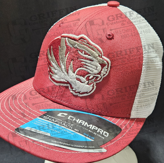 3D Embroidered Trucker Snapback Cap - Cardinal/White w/ Tiger Head Logo