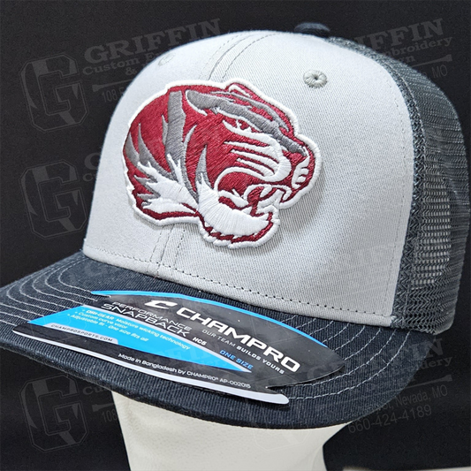 3D Embroidered Trucker Snapback Cap - Gray/Graphite/Black w/ Tiger Head Logo