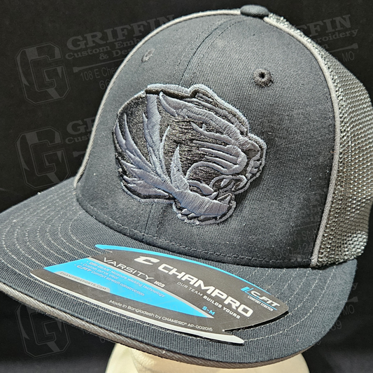 3D Embroidered Varsity Fitted Cap - Black/Graphite w/ Blackout Tiger Head Logo