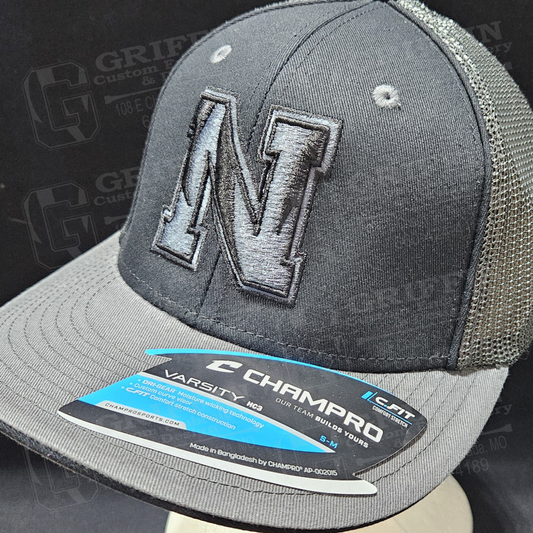 3D Embroidered Varsity Fitted Cap - Black/Graphite/Graphite w/ Blackout Nevada N Logo