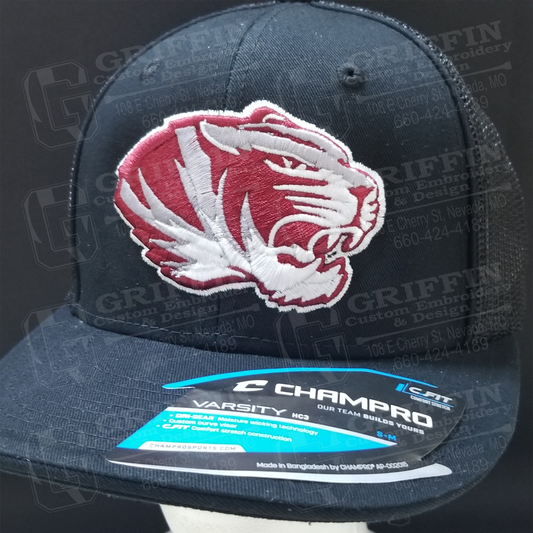 3D Embroidered Varsity Fitted Cap - Black w/ Tiger Head Logo