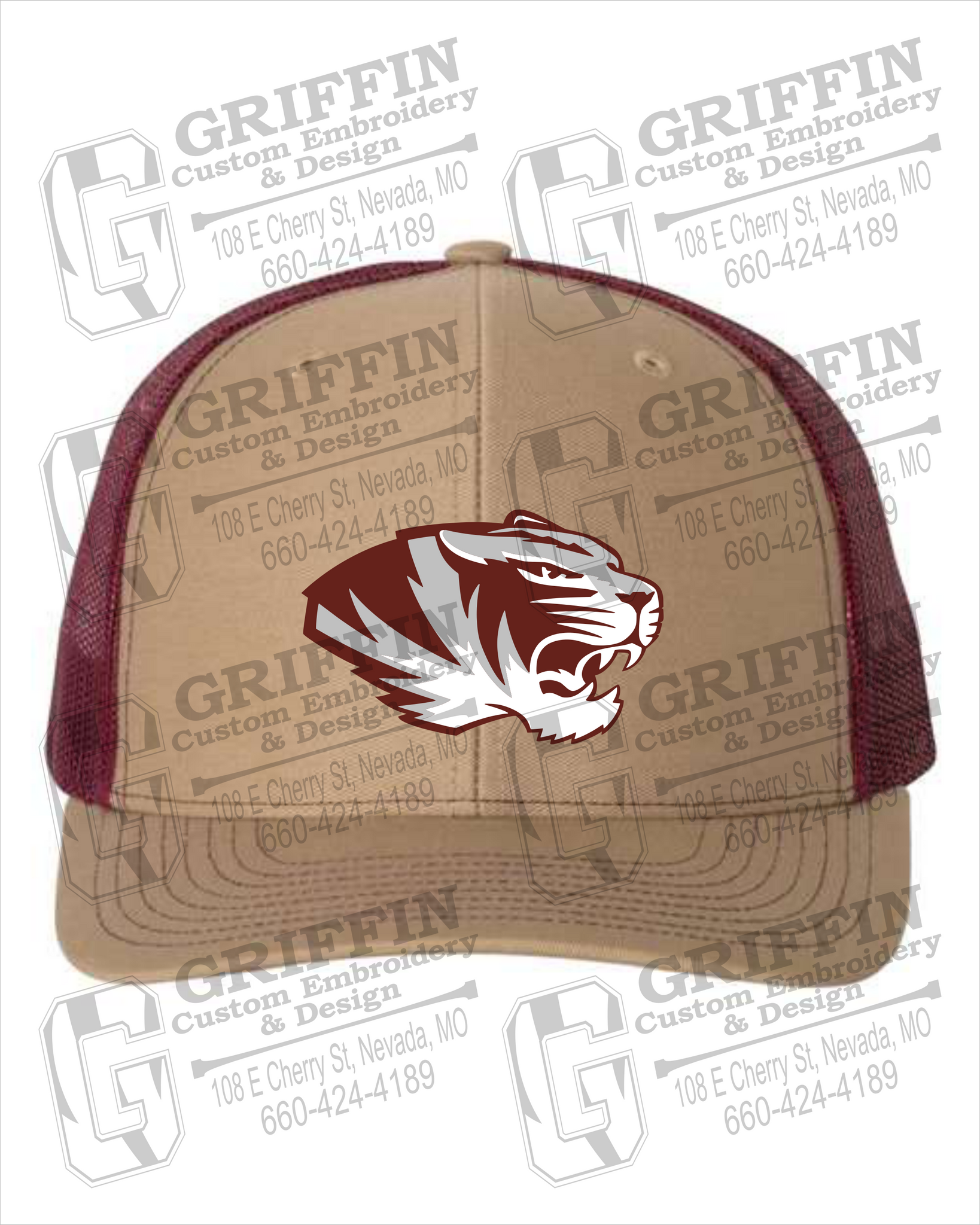 Snapback Trucker Cap - Tiger Head Logo Khaki / Burgundy / Adjustable - One Size Fits Most